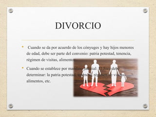 DIVORCIO
• Cuando se da por acuerdo de los cónyuges y hay hijos menores
de edad, debe ser parte del convenio: patria potestad, tenencia,
régimen de visitas, alimentos..
• Cuando se establece por mandato judicial: El Juez debe
determinar: la patria potestad, tenencia, régimen de visitas,
alimentos, etc.
 