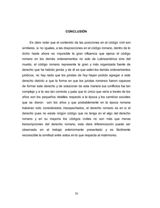 33
CONCLUSIÓN
Es claro notar que el contenido de las posiciones en el código civil son
similares, si no iguales, a las disposiciones en el código romano, dentro de lo
dicho hasta ahora es imposible la gran influencia que ejerce el código
romano en los demás ordenamientos no solo de Latinoamérica sino del
mundo, el código romano representa la gran y más organizada fuente de
derecho que ha habido jamás y de él es que salen los demás ordenamientos
jurídicos, no hay nada que los juristas de hoy hayan podido agregar a este
derecho debido a que la forma en que los juristas romanos fueron capaces
de formar este derecho y de solucionar de esta manera sus conflictos fue tan
compleja y a la vez tan correcta y justa que lo único que varía a través de los
años son los pequeños detalles respecto a la época y los cambios sociales
que se dieron con los años y que probablemente en la época romana
hubieran sido considerados insospechados, el derecho romano es en si el
derecho pues no existe ningún código que no tenga en el algo del derecho
romano y en su mayoría los códigos civiles no son más que meras
transcripciones del derecho romano, esta clara diferenciación puede ser
observada en el trabajo anteriormente presentado y es fácilmente
reconocible la similitud entre estos en lo que respecta al matrimonio.
 