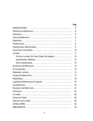 4
ÍNDICE
Pág.
INTRODUCCIÓN……………………………………………………………… 4
Definición de Matrimonio……………………………………………………….. 8
Elementos………………………………………………………………………... 8
Tipos de Matrimonio…………………………………………………………….. 9
Requisitos………………………………………………………………………... 7
Prohibiciones…………………………………………………………………..… 8
Impedimentos Matrimoniales………………………………………………..…. 8
Sanciones a los Célibes…………………………………………………..……. 10
La Dote…………………………………………………………………………… 11
Por Una Lex Iulia De Fundo Dotali, De Augusto………………………. 12
Impedimentos Relativos………………………………………………….. 12
Otros Impedimentos………………………………………………………... 13
Disolución del Matrimonio……………………………………………………… 14
El Concubinato…………………………………………………………………... 14
Naturaleza Jurídica……………………………………………………………… 15
Prueba Del Matrimonio………………………………………………….……… 17
Ritualidades………………………………………………………………..…….. 18
Legislación Matrimonial De Augusto…………………………………………. 19
Características………………………………………………………………….. 20
Disolución del Matrimonio…………………………………………………….. 21
El Divorcio………………………………………………………………………. 24
La Tutela……………………………………………………………………….. 25
Clases de Tutela………………………………………………………………. 26
Extinción de la Tutela………………………………………………………….. 28
CONCLUSIÓN………………………………………………………………… 29
BIBLIOGRAFÍA………………………………………………………………… 30
 