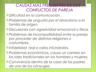 CAUSAS MAS FRECUENTES DE LOS
CONFLICTOS DE PAREJA
 Dificultad en la comunicación .
 Problemas de angustia por el abandono a la
familia de origen.
 Discusiones con agresividad emocional o física.
 Problemas de incompatibilidad entre la pareja
por proceder de distintas religiones o
costumbres.
 Infidelidad real o celos infundados.
 Problemas económicos, causa un cambio en
los roles tradicionales en los hombres y mujeres.
 Convivencia dentro de la casa de los padres
de uno de los cónyuges.
 