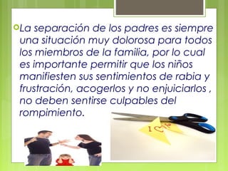 La separación de los padres es siempre
una situación muy dolorosa para todos
los miembros de la familia, por lo cual
es importante permitir que los niños
manifiesten sus sentimientos de rabia y
frustración, acogerlos y no enjuiciarlos ,
no deben sentirse culpables del
rompimiento.
 