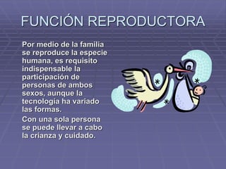 FUNCIÓN REPRODUCTORA
Por medio de la familia
se reproduce la especie
humana, es requisito
indispensable la
participación de
personas de ambos
sexos, aunque la
tecnología ha variado
las formas.
Con una sola persona
se puede llevar a cabo
la crianza y cuidado.
 