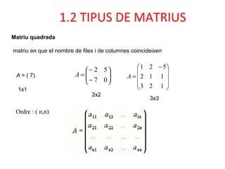 1.2 TIPUS DE MATRIUS
Matriu quadrada
matriu en que el nombre de files i de columnes coincideixen
Ordre : ( n,n)






−
−
=
07
52
A
2x2
3x3
A = ( 7)
1x1
 