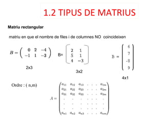 1.2 TIPUS DE MATRIUS
Matriu rectangular
matriu en que el nombre de files i de columnes NO coincideixen
Ordre : ( n,m)
2x3
4x1
B=
3x2
 