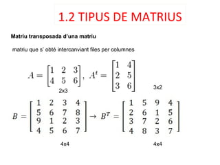 1.2 TIPUS DE MATRIUS
Matriu transposada d’una matriu
matriu que s’ obté intercanviant files per columnes
2x3
3x2
4x4 4x4
 