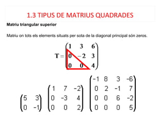 Matriu triangular superior
Matriu on tots els elements situats per sota de la diagonal principal són zeros.
1.3 TIPUS DE MATRIUS QUADRADES
 