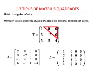Matriu triangular inferior
Matriu on tots els elements situats per sobra de la diagonal principal són zeros.
1.3 TIPUS DE MATRIUS QUADRADES
 