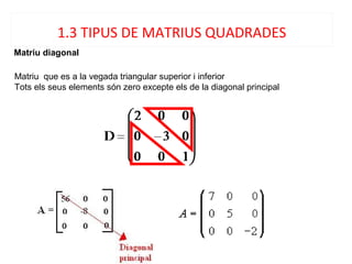 Matriu diagonal
Matriu que es a la vegada triangular superior i inferior
Tots els seus elements són zero excepte els de la diagonal principal
1.3 TIPUS DE MATRIUS QUADRADES
 