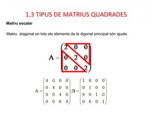 Matriu escalar
Matriu diagonal on tots els elements de la digonal principal són iguals
1.3 TIPUS DE MATRIUS QUADRADES
 