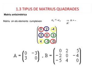 Matriu antisimètrica
Matriu on els elements cumpleixen
1.3 TIPUS DE MATRIUS QUADRADES
jiij -aa = ⇒ A = –
AT
 
