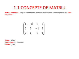 Matriu numèrica : conjunt de nombres ordenats en forma de taula disposats en files i
columnes
1.1 CONCEPTE DE MATRIU
Files: 3 files
Columnes: 4 columnes
Ordre: (3,4)
 