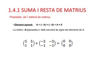 • Element oposat: A + (– A) = (– A) + A = 0
La matriu –A (oposada) s’ obté canviant de signe els elements de A.
1.4.1 SUMA I RESTA DE MATRIUS
Propietats de l’ addició de matrius.
 