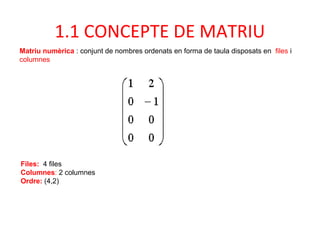 Matriu numèrica : conjunt de nombres ordenats en forma de taula disposats en files i
columnes
Files: 4 files
Columnes: 2 columnes
Ordre: (4,2)
1.1 CONCEPTE DE MATRIU
 