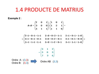 1.4 PRODUCTE DE MATRIUS
Exemple 2 :
Ordre A : (3,3)
Ordre B: (3,3)
Ordre AB (3,3)
 