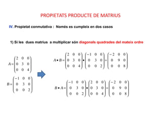 PROPIETATS PRODUCTE DE MATRIUS
IV. Propietat conmutativa : Només es cumpleix en dos casos
1) Si les dues matrius a multiplicar són diagonals quadrades del mateix ordre
A










=
400
030
002
B









−
=
200
030
001
BA









−
=









−
•










=•
800
090
002
200
030
001
400
030
002
AB









−
=










•









−
=•
800
090
002
400
030
002
200
030
001
 