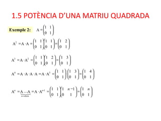 1.5 POTÈNCIA D’UNA MATRIU QUADRADA
Exemple 2: 





=
10
11
A






=











=⋅=
10
21
10
11
10
11
AAA2






=





⋅





=⋅=⋅⋅⋅=
10
41
10
31
10
11
AAAAAAA 34






=











=⋅=
10
31
10
21
10
11
AAA 23






=




 −






=⋅==
10
1
10
11
10
11
AAAAA 1-
veces-
nnn
n
n

 