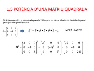 1.5 POTÈNCIA D’UNA MATRIU QUADRADA
Si A és una matriu quadrada diagonal n´hi ha prou en elevar els elements de la diagonal
principal a l’exponent indicat
B










−=
300
010
002
B5










−=










−=










−=
24300
010
0032
300
0)1(0
002
300
010
002
5
5
55
B5
...=••••= BBBBB MOLT LLARG!!
 