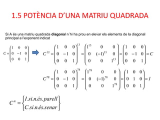 1.5 POTÈNCIA D’UNA MATRIU QUADRADA
Si A és una matriu quadrada diagonal n´hi ha prou en elevar els elements de la diagonal
principal a l’exponent indicat
C










−=
100
010
001
C13
C=










−=










−=










−=
100
010
001
100
0)1(0
001
100
010
001
13
13
1313
C78
I=










=










−=










−=
100
010
001
100
0)1(0
001
100
010
001
78
78
7878






=
senarésnsiC
parellésnsiI
Cn
....
....
 