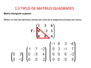 Matriu triangular superior
Matriu on tots els elements situats per sota de la diagonal principal són zeros.
1.3 TIPUS DE M...