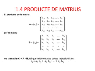 1.4 PRODUCTE DE MATRIUS
El producte de la matriu
A = (aij) =











a11 a12 a13 ...... a1n
a21 a22 a23 ......