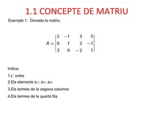 1.1 CONCEPTE DE MATRIU
Exemple 1. Donada la matriu
Indica:
1.L’ ordre
2.Els elements a11, a14, a32
3.Els termes de la sego...