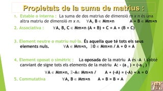La diferència de matrius és un cas particular de la suma. Restar dues matrius és el mateix que
sumar a la primera l'oposad...