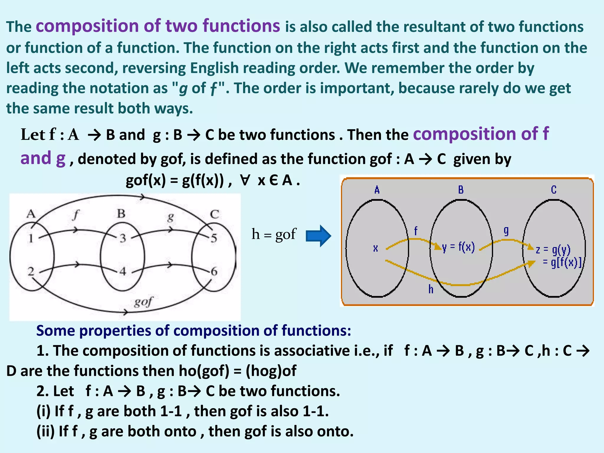 The composition of two functions is also called the resultant of two functions
or function of a function. The function on the right acts first and the function on the
left acts second, reversing English reading order. We remember the order by
reading the notation as "g of ƒ". The order is important, because rarely do we get
the same result both ways.
  Let f : A → B and g : B → C be two functions . Then the composition of f
  and g , denoted by gof, is defined as the function gof : A → C given by
                 gof(x) = g(f(x)) , ∀ x Є A .


                                     h = gof




    Some properties of composition of functions:
    1. The composition of functions is associative i.e., if f : A → B , g : B→ C ,h : C →
D are the functions then ho(gof) = (hog)of
    2. Let f : A → B , g : B→ C be two functions.
    (i) If f , g are both 1-1 , then gof is also 1-1.
    (ii) If f , g are both onto , then gof is also onto.
 
