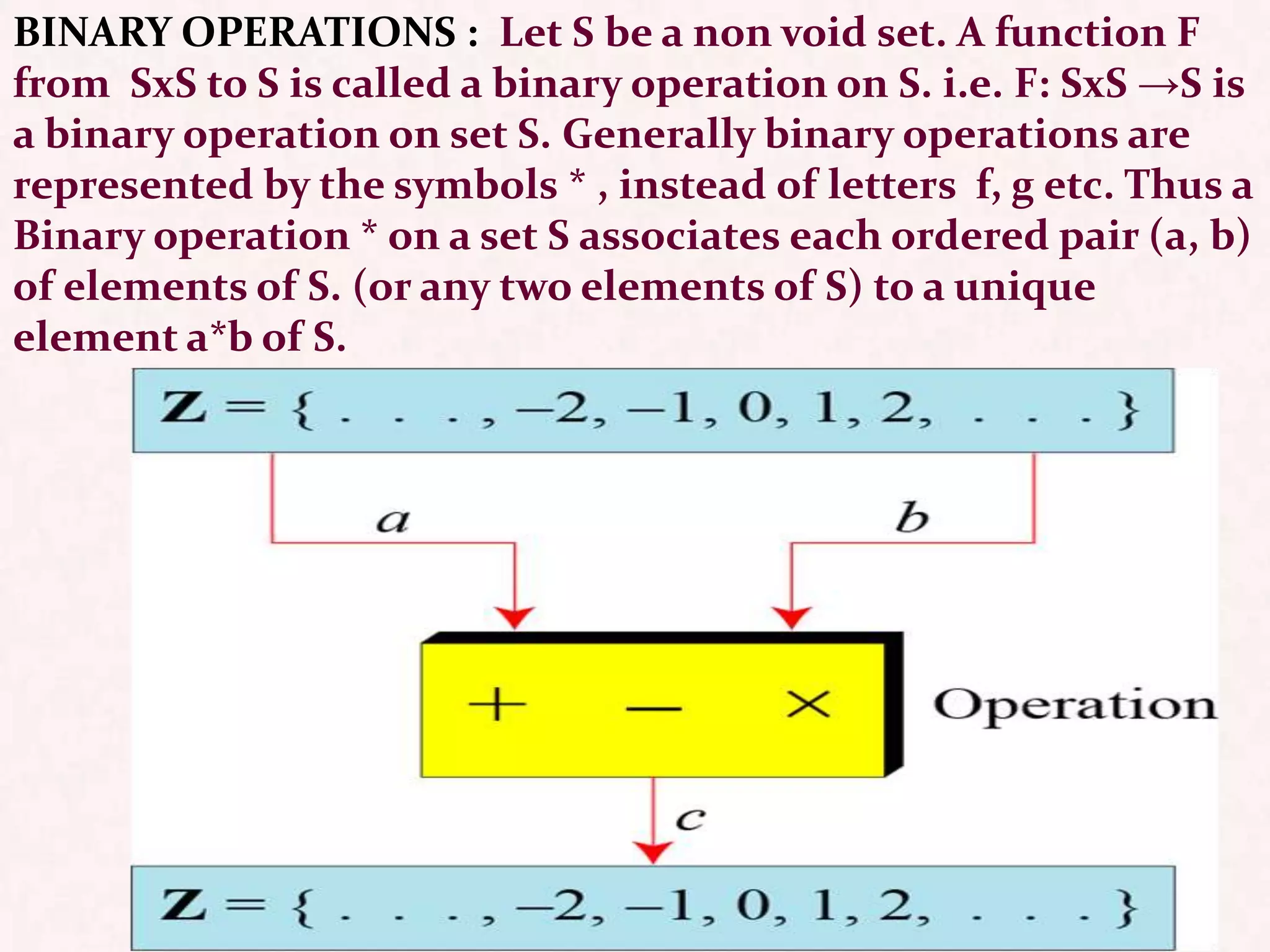 BINARY OPERATIONS : Let S be a non void set. A function F
from SxS to S is called a binary operation on S. i.e. F: SxS →S is
a binary operation on set S. Generally binary operations are
represented by the symbols * , instead of letters f, g etc. Thus a
Binary operation * on a set S associates each ordered pair (a, b)
of elements of S. (or any two elements of S) to a unique
element a*b of S.
 
