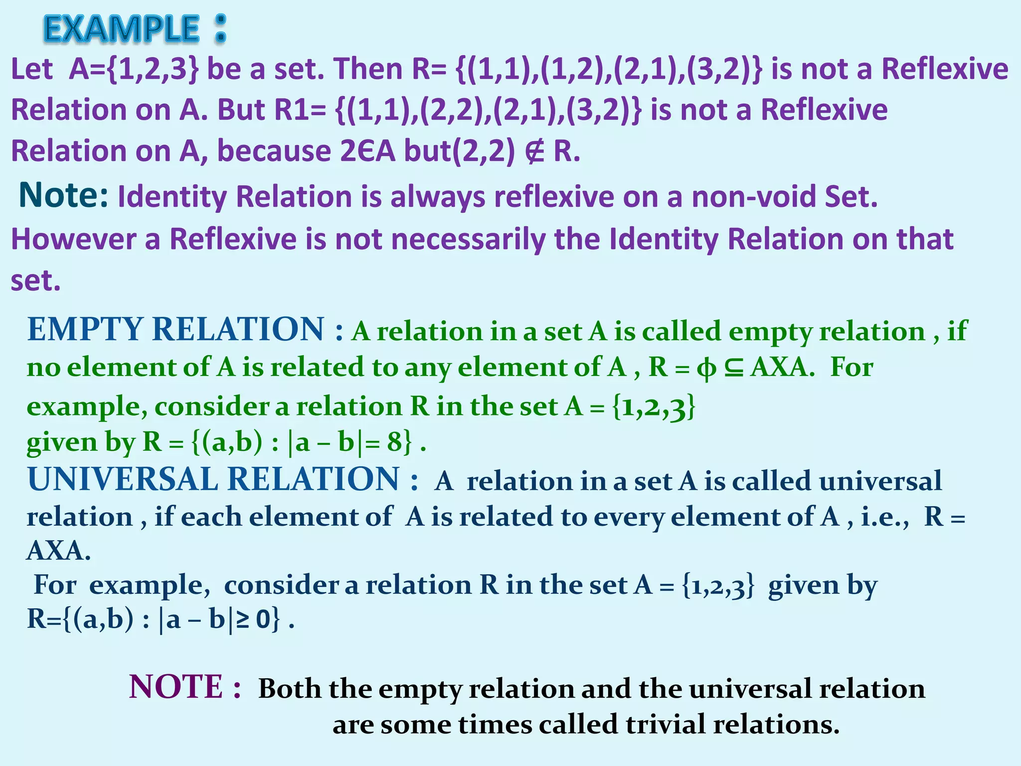Let A={1,2,3} be a set. Then R= {(1,1),(1,2),(2,1),(3,2)} is not a Reflexive
Relation on A. But R1= {(1,1),(2,2),(2,1),(3,2)} is not a Reflexive
Relation on A, because 2ЄA but(2,2) ∉ R.
 Note: Identity Relation is always reflexive on a non-void Set.
However a Reflexive is not necessarily the Identity Relation on that
set.
 EMPTY RELATION : A relation in a set A is called empty relation , if
 no element of A is related to any element of A , R = φ ⊆ AXA. For
 example, consider a relation R in the set A = {1,2,3}
 given by R = {(a,b) : |a – b|= 8} .
 UNIVERSAL RELATION : A relation in a set A is called universal
 relation , if each element of A is related to every element of A , i.e., R =
 AXA.
  For example, consider a relation R in the set A = {1,2,3} given by
 R={(a,b) : |a – b|≥ 0} .

         NOTE : Both the empty relation and the universal relation
                         are some times called trivial relations.
 