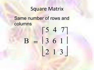 Square Matrix
Same number of rows and
columns
             5 4 7
    B        3 6 1
             2 1 3
 