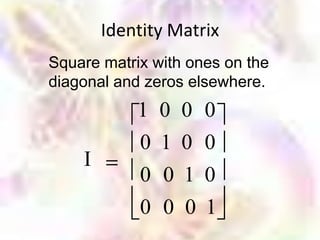 Identity Matrix
Square matrix with ones on the
diagonal and zeros elsewhere.
            1 0 0 0
            0 1 0 0
    I
            0 0 1 0
            0 0 0 1
 