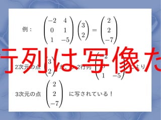 例：




行列は写像だ
2次元の点   が、3×2行列      により、



3次元の点     に写されている！
 