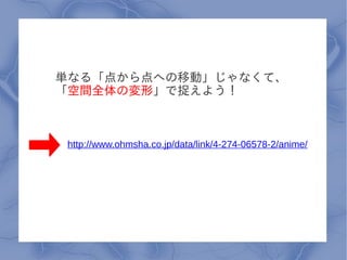 単なる「点から点への移動」じゃなくて、
「空間全体の変形」で捉えよう！



 http://www.ohmsha.co.jp/data/link/4-274-06578-2/anime/
 