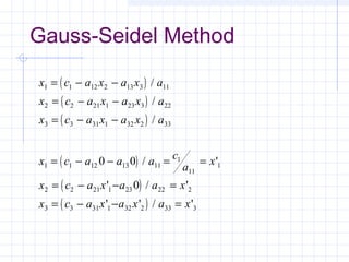 ( )
( )
( )
( )
( )
( )
x c a x a x a
x c a x a x a
x c a x a x a
x c a a a
c
a
x
x c a x a a x
x c a x a x a x
1 1 12 2 13 3 11
2 2 21 1 23 3 22
3 3 31 1 32 2 33
1 1 12 13 11
1
11
1
2 2 21 1 23 22 2
3 3 31 1 32 2 33 3
0 0
0
= − −
= − −
= − −
= − − = =
= − − =
= − − =
/
/
/
/ '
' / '
' ' / '
Gauss-Seidel Method
 
