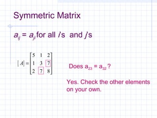 Symmetric Matrix
aij = aji for all i’s and j’s
[ ]A =










5 1 2
1 3 7
2 7 8
Does a23 = a32 ?
Yes. Check the other elements
on your own.
 