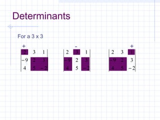 Determinants
254
329
132
−
−
For a 3 x 3
254
329
132
−
−
254
329
132
−
−
+ - +
 
