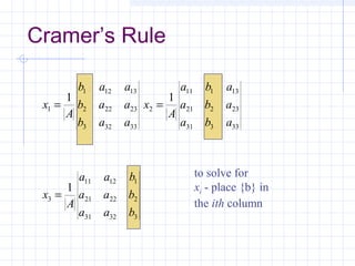 Cramer’s Rule
to solve for
xi - place {b} in
the ith column
33231
22221
11211
3
33331
23221
13111
2
33323
23222
13121
1
1
11
baa
baa
baa
A
x
aba
aba
aba
A
x
aab
aab
aab
A
x
=
==
 