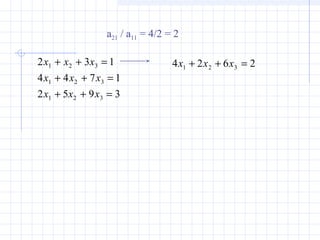 2 3 1
4 4 7 1
2 5 9 3
1 2 3
1 2 3
1 2 3
x x x
x x x
x x x
+ + =
+ + =
+ + =
2624 321 =++ xxx
a21 / a11 = 4/2 = 2
 