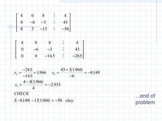( )
( )
( ) ( )
4 0 8 4
0 6 3 43
0 3 13 50
4 0 8 4
0 6 3 43
0 0 14 5 285
285
14 5
1966
43 3 1966
6
8149
4 8 1966
4
2 931
3 8149 13 1966 50
3 2
1






− −
− −










− −
− −










=
−
−
= =
+
−
= −
=
−
= −
− − = −
. .
.
.
.
.
.
.
.
. .
x x
x
CHECK
okay
...end of
problem
 