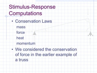Stimulus-Response
Computations
• Conservation Laws
mass
force
heat
momentum
• We considered the conservation
of force in the earlier example of
a truss
 