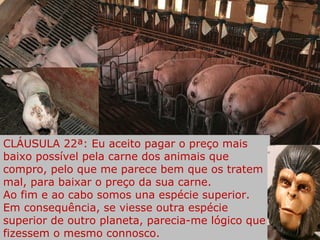 CLÁUSULA 22ª: Eu aceito pagar o preço mais baixo possível pela carne dos animais que compro, pelo que me parece bem que os tratem mal, para baixar o preço da sua carne.  Ao fim e ao cabo somos una espécie superior.  Em consequência, se viesse outra espécie superior de outro planeta, parecia-me lógico que fizessem o mesmo connosco. 