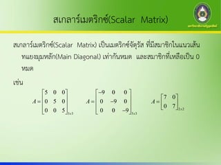 สเกลาร์เมตริกซ์(Scalar Matrix)
สเกลาร์เมตริกซ์(Scalar Matrix) เป็นเมตริกซ์จัตุรัส ที่มีสมาชิกในแนวเส้น
ทแยงมุมหลัก(Main Diagonal) เท่ากันหมด และสมาชิกที่เหลือเป็น 0
หมด
เช่น
3 3
5 0 0
0 5 0
0 0 5 x
A
 
   
   3 3
9 0 0
0 9 0
0 0 9 x
A
 
   
  
2 2
7 0
0 7 x
A
 
  
 
 