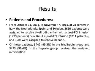 Results
• Patients and Procedures:
• From October 11, 2011, to November 7, 2014, at 78 centers in
Italy, the Netherlands, Spain, and Sweden, 3610 patients were
assigned to receive bivalirudin, either with a post-PCI infusion
(1799 patients) or without a post-PCI infusion (1811 patients),
and 3603 were assigned to receive heparin.
• Of these patients, 3442 (95.3%) in the bivalirudin group and
3473 (96.4%) in the heparin group received the assigned
intervention.
 