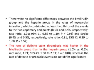 • There were no significant differences between the bivalirudin
group and the heparin group in the rates of myocardial
infarction, which contributed at least two thirds of the events
to the two coprimary end points (8.6% and 8.5%, respectively;
rate ratio, 1.01; 95% CI, 0.85 to 1.19; P = 0.93) and stroke
(0.4% and 0.5%, respectively; rate ratio, 0.81; 95% CI, 0.39 to
1.68; P = 0.57).
• The rate of definite stent thrombosis was higher in the
bivalirudin group than in the heparin group (1.0% vs. 0.6%;
rate ratio, 1.71; 95% CI, 1.00 to 2.93; P = 0.048), whereas the
rate of definite or probable events did not differ significantly.
 