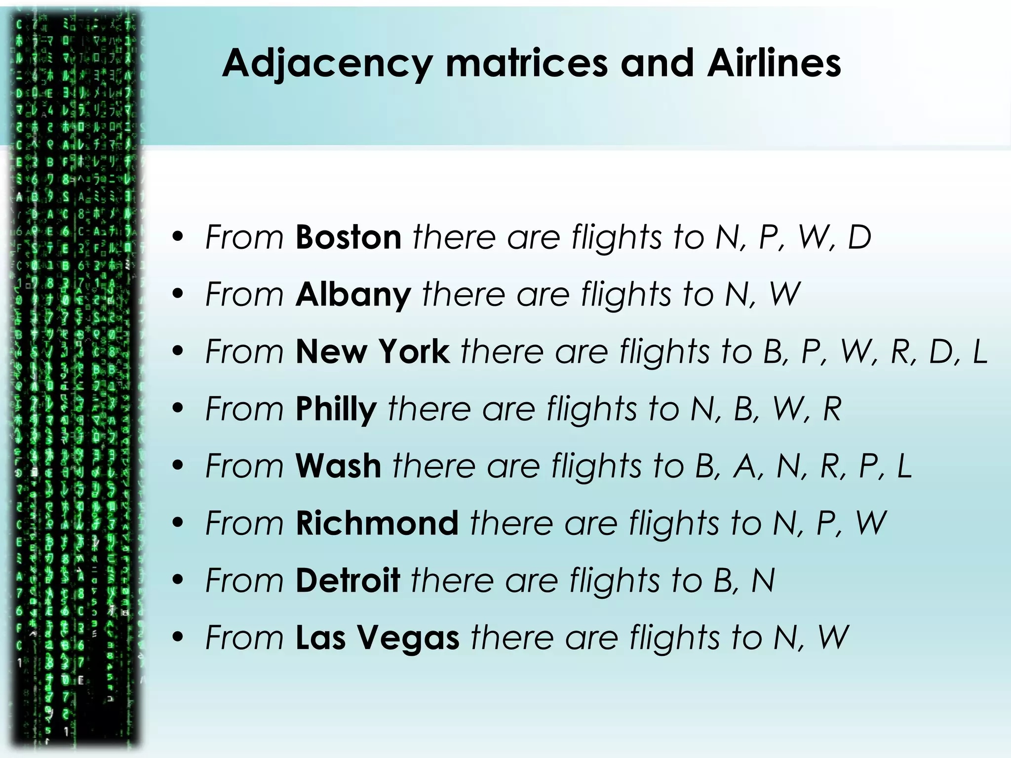 • From Boston there are flights to N, P, W, D
• From Albany there are flights to N, W
• From New York there are flights to B, P, W, R, D, L
• From Philly there are flights to N, B, W, R
• From Wash there are flights to B, A, N, R, P, L
• From Richmond there are flights to N, P, W
• From Detroit there are flights to B, N
• From Las Vegas there are flights to N, W
Adjacency matrices and Airlines
 