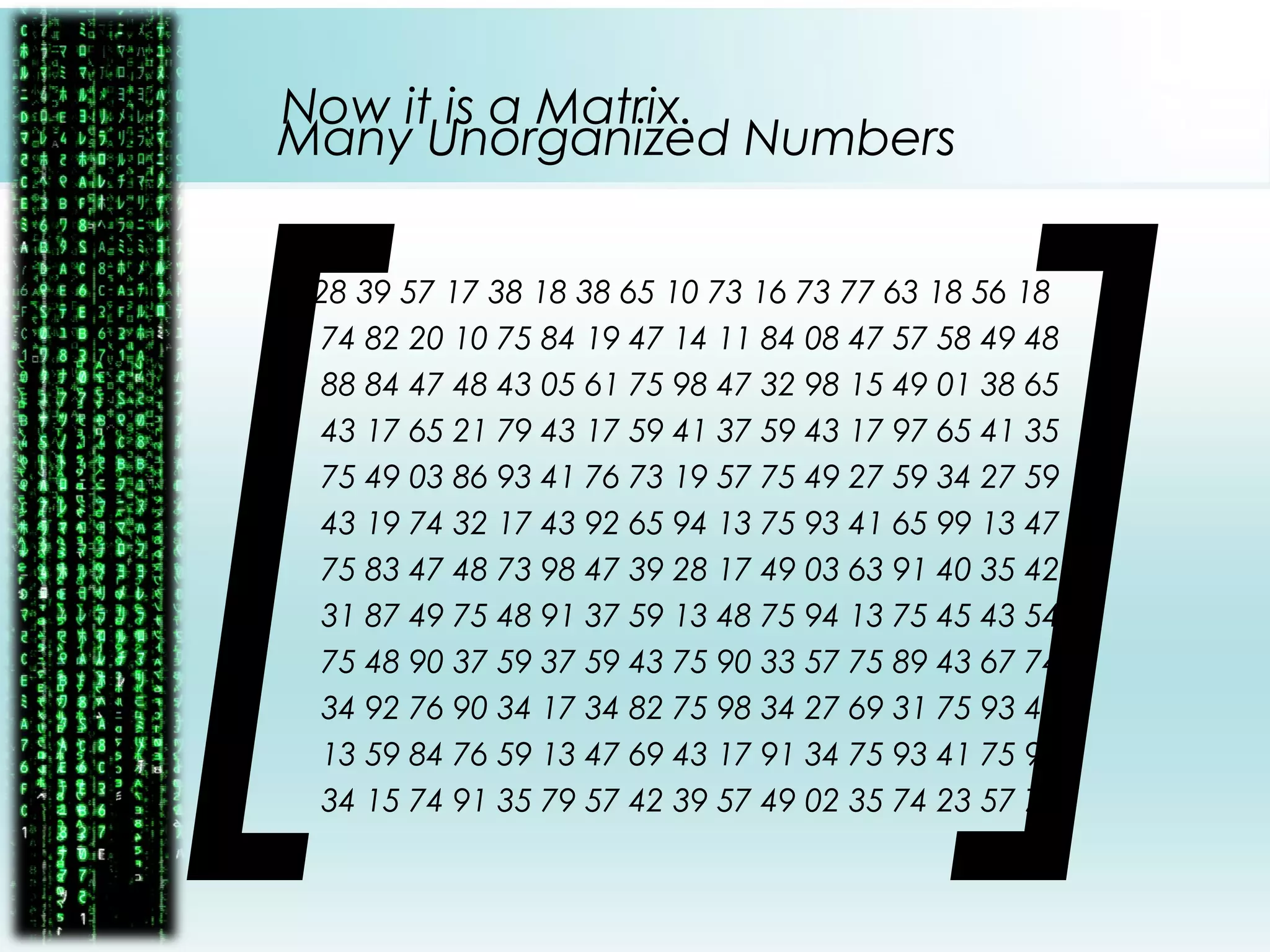 [ ]
Many Unorganized Numbers
28 39 57 17 38 18 38 65 10 73 16 73 77 63 18 56 18
74 82 20 10 75 84 19 47 14 11 84 08 47 57 58 49 48
88 84 47 48 43 05 61 75 98 47 32 98 15 49 01 38 65
43 17 65 21 79 43 17 59 41 37 59 43 17 97 65 41 35
75 49 03 86 93 41 76 73 19 57 75 49 27 59 34 27 59
43 19 74 32 17 43 92 65 94 13 75 93 41 65 99 13 47
75 83 47 48 73 98 47 39 28 17 49 03 63 91 40 35 42
31 87 49 75 48 91 37 59 13 48 75 94 13 75 45 43 54
75 48 90 37 59 37 59 43 75 90 33 57 75 89 43 67 74
34 92 76 90 34 17 34 82 75 98 34 27 69 31 75 93 45
13 59 84 76 59 13 47 69 43 17 91 34 75 93 41 75 90
34 15 74 91 35 79 57 42 39 57 49 02 35 74 23 57 75
Now it is a Matrix.
 