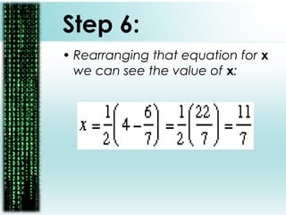 Step 6:
• Rearranging that equation for x
we can see the value of x:
 