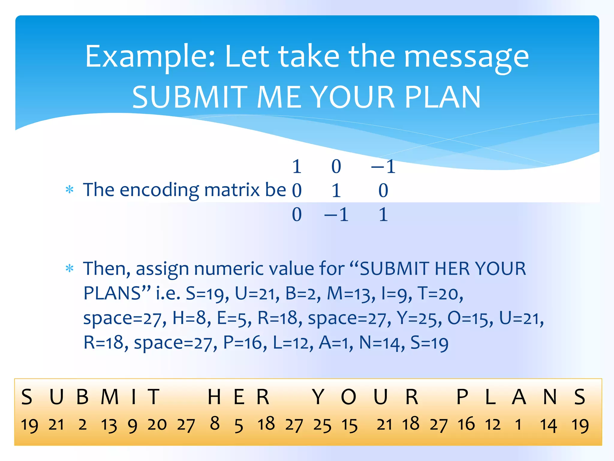  The encoding matrix be
1 0 −1
0 1 0
0 −1 1
 Then, assign numeric value for “SUBMIT HER YOUR
PLANS” i.e. S=19, U=21, B=2, M=13, I=9, T=20,
space=27, H=8, E=5, R=18, space=27, Y=25, O=15, U=21,
R=18, space=27, P=16, L=12, A=1, N=14, S=19
Example: Let take the message
SUBMIT ME YOUR PLAN
S U B M I T H E R Y O U R P L A N S
19 21 2 13 9 20 27 8 5 18 27 25 15 21 18 27 16 12 1 14 19
 