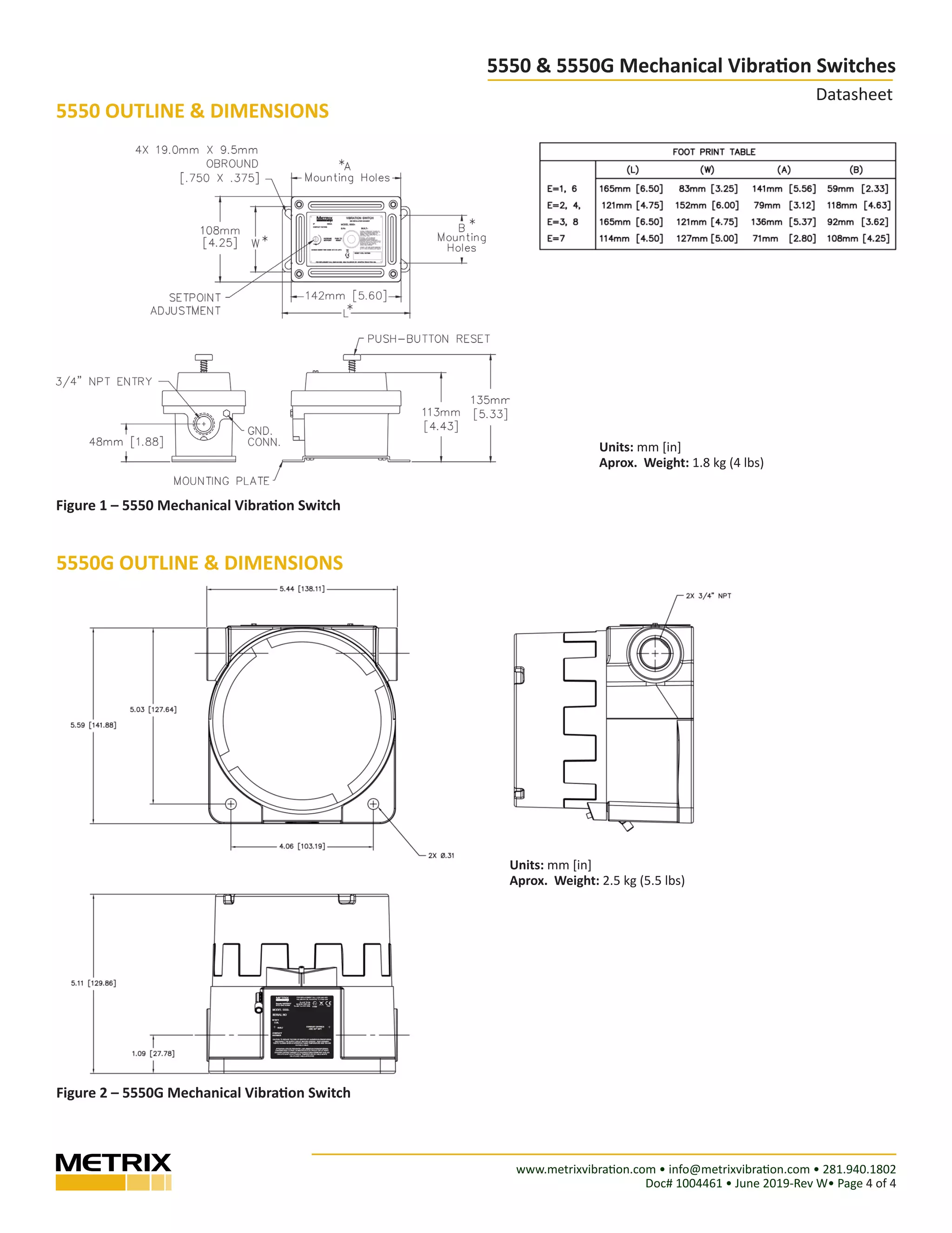 www.metrixvibration.com • info@metrixvibration.com • 281.940.1802
Doc# 1004461 • June 2019-Rev W• Page 4 of 4
5550 & 5550G Mechanical Vibration Switches
Datasheet
Figure 1 – 5550 Mechanical Vibration Switch 
Figure 2 – 5550G Mechanical Vibration Switch
Units: mm [in]
Aprox. Weight: 1.8 kg (4 lbs)
Units: mm [in]
Aprox. Weight: 2.5 kg (5.5 lbs)
5550 OUTLINE & DIMENSIONS
5550G OUTLINE & DIMENSIONS
 