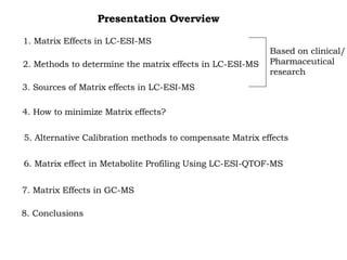 Presentation Overview 1. Matrix Effects in LC-ESI-MS 2. Methods to determine the matrix effects in LC-ESI-MS 3. Sources of Matrix effects in LC-ESI-MS 5. Alternative Calibration methods to compensate Matrix effects 4. How to minimize Matrix effects? 6. Matrix effect in Metabolite Profiling Using LC-ESI-QTOF-MS 7. Matrix Effects in GC-MS 8. Conclusions Based on clinical/ Pharmaceutical research 